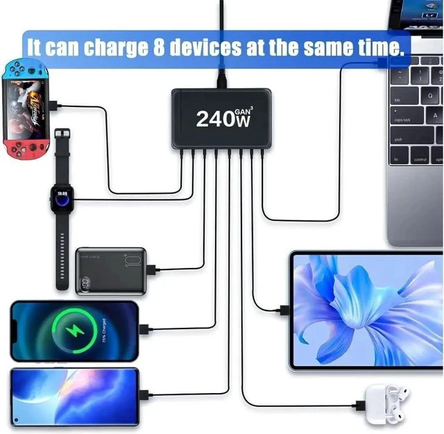 Alt view image 5 of 6 - GaN 240W Fast Charger 8 Port USB A/C Charger QC3.0 PD3.0 Quick Charge for MacBook Pro/Air, Dell XPS,iPhone 15 Pro Cell Phone Charger Desk Charger Adapter