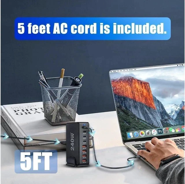 Alt view image 3 of 6 - GaN 240W Fast Charger 8 Port USB A/C Charger QC3.0 PD3.0 Quick Charge for MacBook Pro/Air, Dell XPS,iPhone 15 Pro Cell Phone Charger Desk Charger Adapter