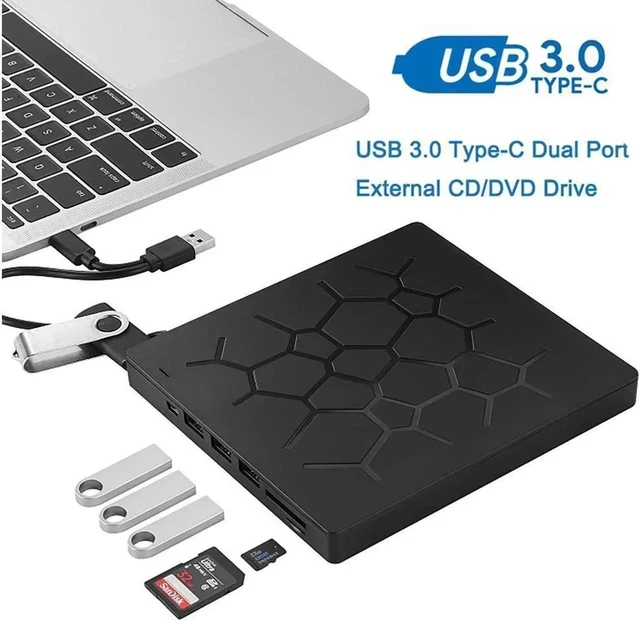 Alt view image 6 of 7 - External CD DVD Drive USB 3.0 Type-C Portable CD/DVD ROM Drive Burner Rewriter with 4 USB Ports and 2 SD Card Slots for Windows Linux Mac Laptop Desktop, MacBook Pro/Air, iMac