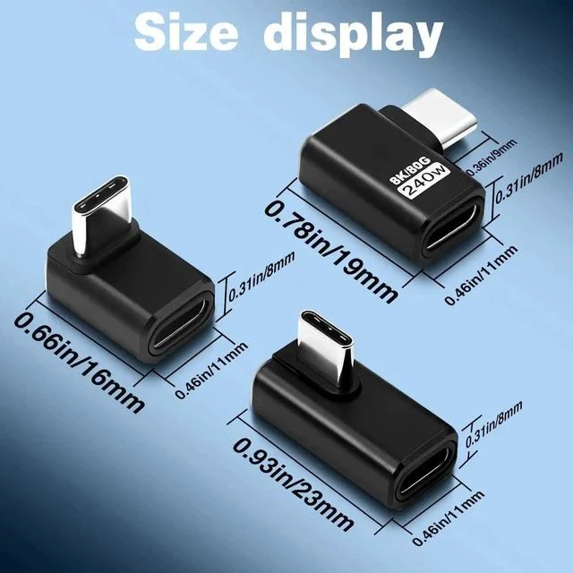 Alt view image 6 of 7 - USB C 90 Degree Adapter, Right Angle USB C Male to Female Adapter80Gbps/240W PD/8K@60Hz 90 Degree Type C Extender Converter for Thunderbolt 5/4, iPhone 16, Steam Deck ROG Ally, 3 Pack