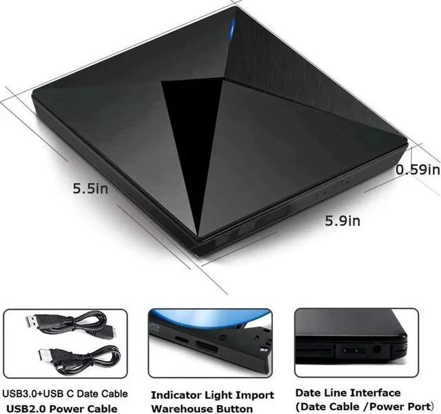 Main image of External CD DVD Drive USB 3.0 Type-C Slim Portable DVD/CD ROM +/-RW Optical Drive Burner Writer for MacBook Pro/ Air, iMac, Windows/ Linux/ Mac Laptop Desktop,Polaris Black