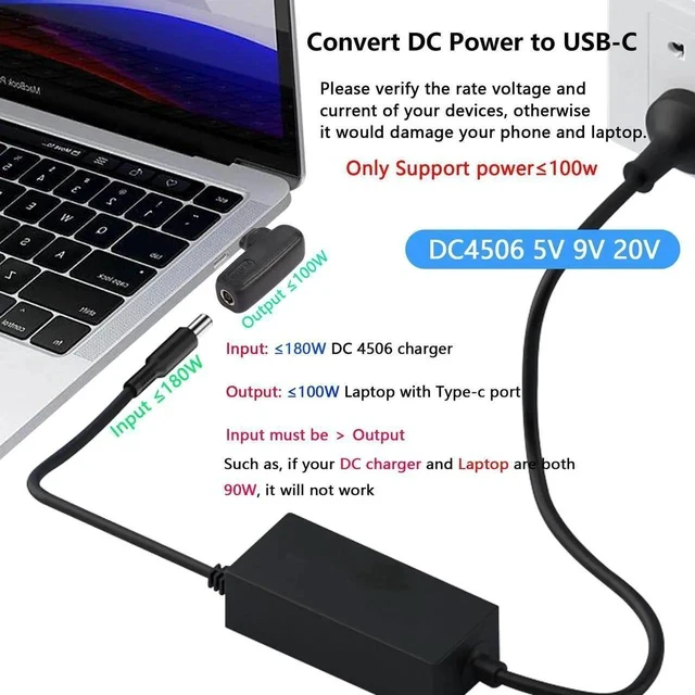Alt view image 4 of 7 - 100W PD DC4506 to Type C Power Charging Adapter DC 4.5mm x 0.6mm Female to USB C Male Connector,Uilt-in with PD Automatic Identification Induction Chip,for Phones,Tablets,Laptops (4506 M)