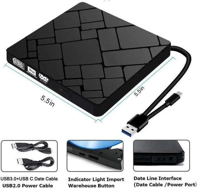 Main image of External CD DVD Drive, USB 3.0 Type-C Portable CD DVD +/-RW Player Optical Slim Drive Rewriter Burner for USB Type-C Laptop Desktop PC Windows Mac Linux OS Apple (Black)