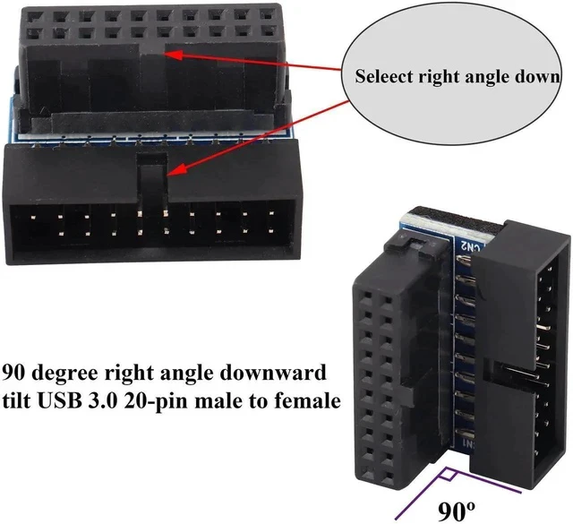 Alt view image 2 of 6 - 2 Pack Down Right Angle USB 3.0 19-pin Connector 90 Degree 19Pin/20Pin 3.0 USB Female to Male Extension Power Adapter Board for Desktop Motherboard Internal Header Adapter(Down/Black-20Pin)