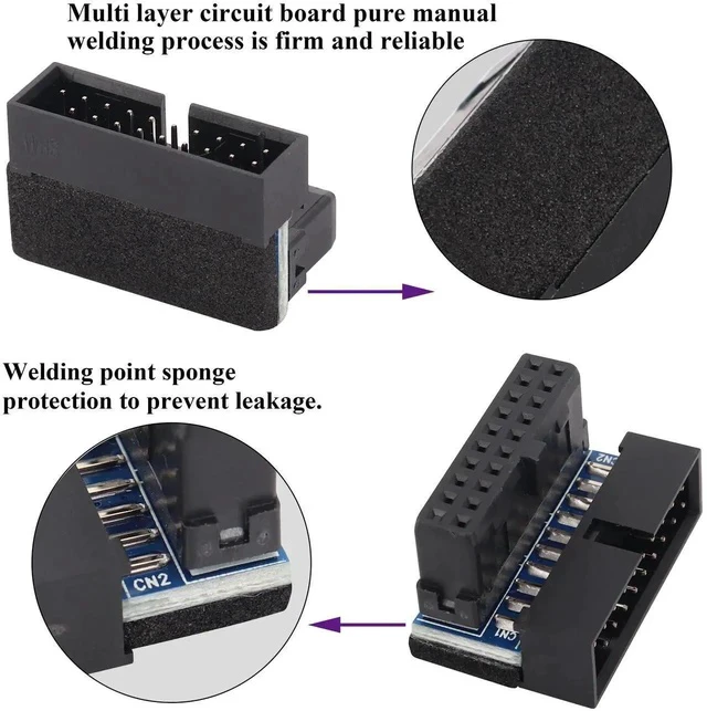 Alt view image 3 of 6 - 2 Pack Down Right Angle USB 3.0 19-pin Connector 90 Degree 19Pin/20Pin 3.0 USB Female to Male Extension Power Adapter Board for Desktop Motherboard Internal Header Adapter(Down/Black-20Pin)