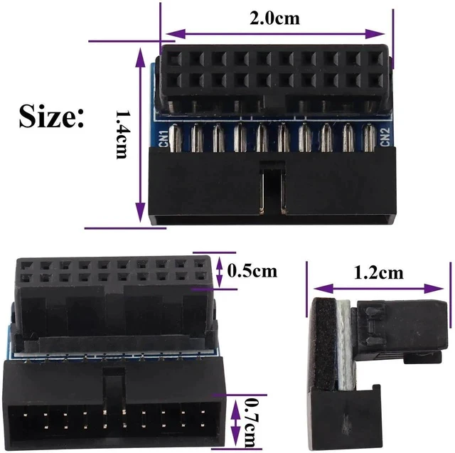 Alt view image 4 of 6 - 2 Pack Down Right Angle USB 3.0 19-pin Connector 90 Degree 19Pin/20Pin 3.0 USB Female to Male Extension Power Adapter Board for Desktop Motherboard Internal Header Adapter(Down/Black-20Pin)