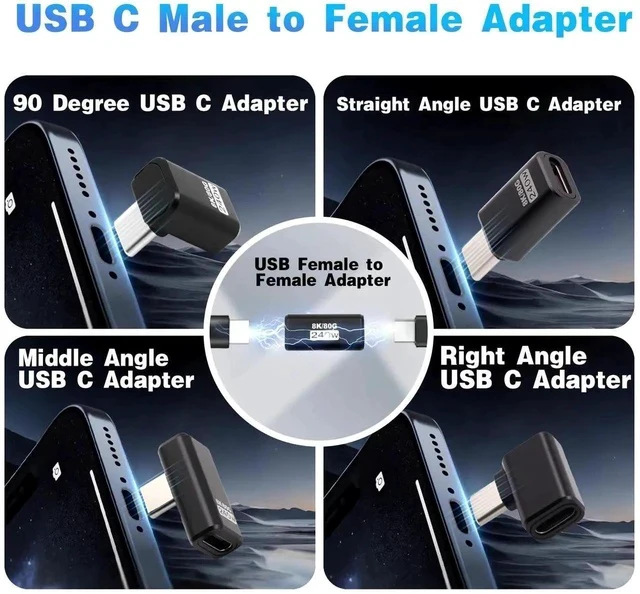 Alt view image 2 of 4 - 90 Degree USB C Right Angle Adapter, 80Gbps Data, 240W Charging, 8K@60Hz Video Male to Female USB-C 90 Degree Adapter for Laptop, MacBook Pro/Ai, iPhone 16, Steam Deck, 5 Pack