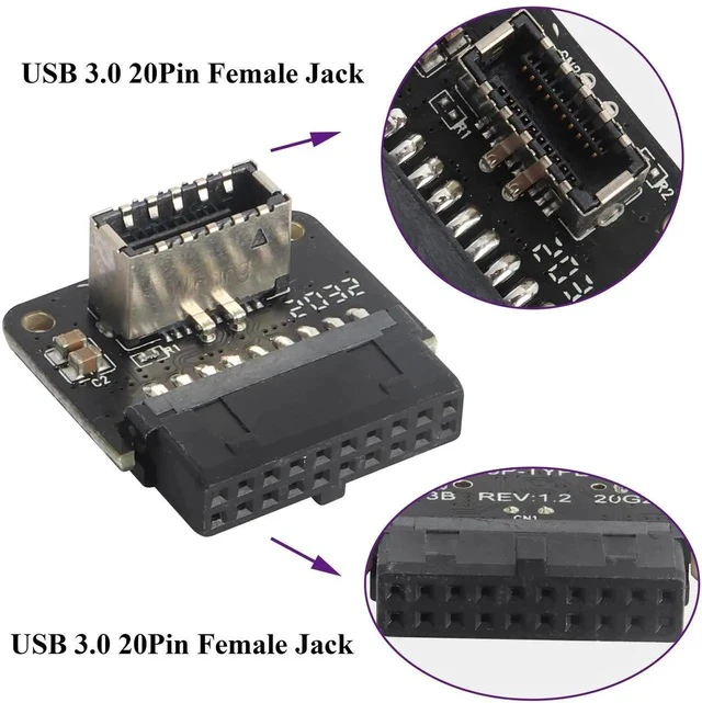 Alt view image 3 of 5 - 2Pack 90 Degree USB 20Pin to USB3.1 Type-E Front Panel Connector Down-Right Angle Type-E USB 3.1 Female to 19/20Pin USB3.0 Female Header Extension Adapter for Computer