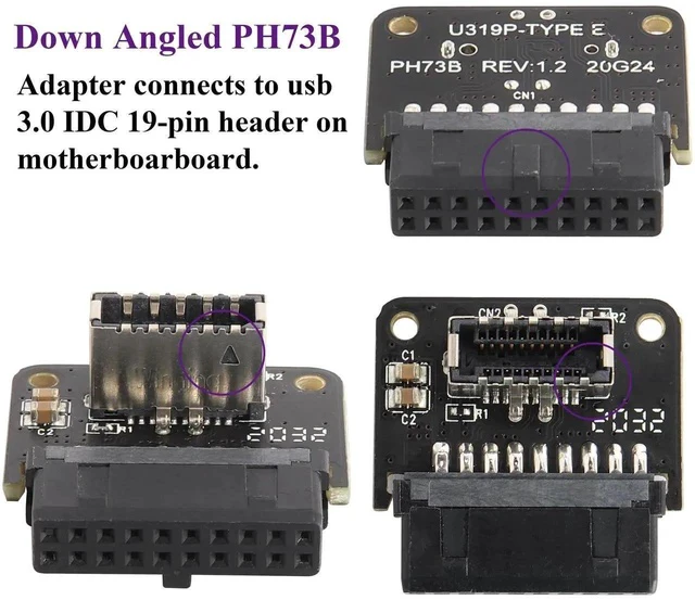 Alt view image 5 of 5 - 2Pack 90 Degree USB 20Pin to USB3.1 Type-E Front Panel Connector Down-Right Angle Type-E USB 3.1 Female to 19/20Pin USB3.0 Female Header Extension Adapter for Computer