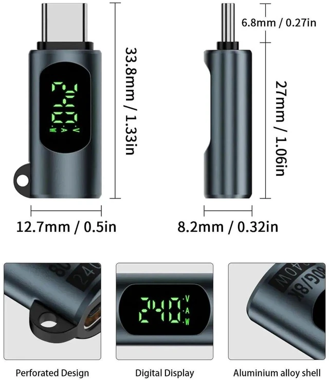 Alt view image 2 of 6 - 80Gbps USB C Extender Adapter with Power Meter Tester, 240W PD, 8K@60Hz Wattage, Voltage, Amperage LED Digital Display, USB C Male to Female Adapter for iPhone 15/16 (Grey-2 Pack)
