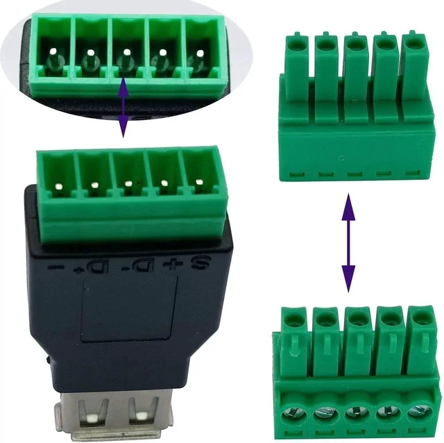 Alt view image 4 of 5 - USB 2.0 A Screw Terminal Block Adapter USB 2.0 A Female to 5 Pin/Way Female Bolt Screw Shield terminals Pluggable Type Adapter Connector for Charging and Data Transfer (2 Pack/Female)