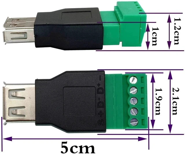 Alt view image 3 of 5 - USB 2.0 A Screw Terminal Block Adapter USB 2.0 A Female to 5 Pin/Way Female Bolt Screw Shield terminals Pluggable Type Adapter Connector for Charging and Data Transfer (2 Pack/Female)