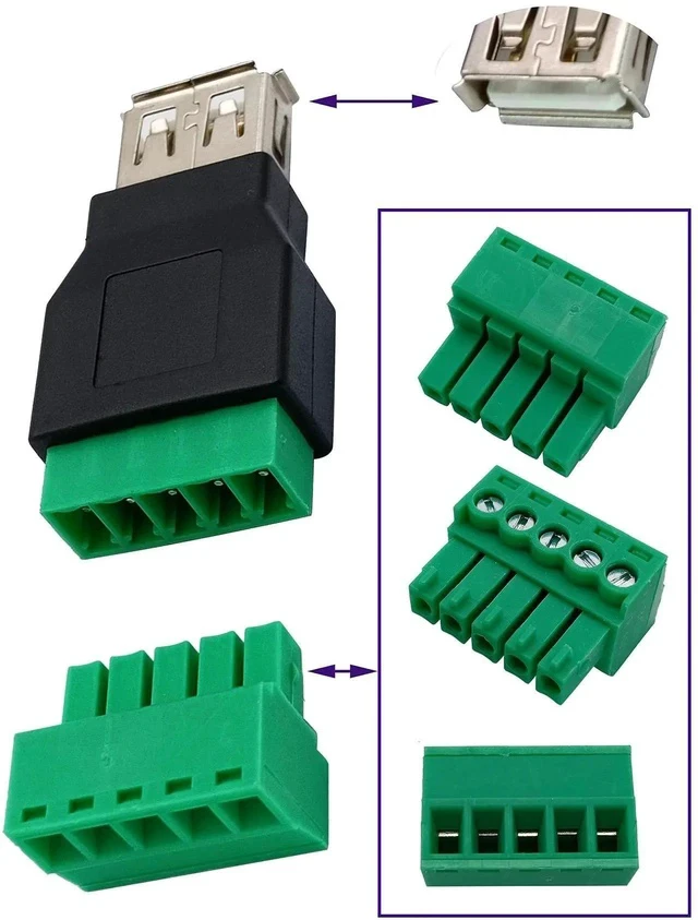 Alt view image 2 of 5 - USB 2.0 A Screw Terminal Block Adapter USB 2.0 A Female to 5 Pin/Way Female Bolt Screw Shield terminals Pluggable Type Adapter Connector for Charging and Data Transfer (2 Pack/Female)