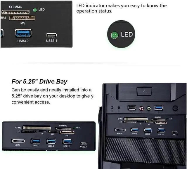 Alt view image 2 of 4 - 5.25" Internal Card Reader Media Multi-Function Dashboard PC Front Panel Type-C USB 3.1 USB 3.0 Support CF