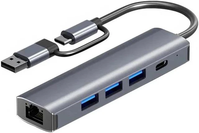 Main image of USB & Type C Hub Multiport Adapter 5-in-1 USB Dongle for MacBook Pro Air, Gigabit Ethernet with USB-C 5Gbps Port, USB 3.0 5Gbps Port Adapter, Compatible for Windows/Mac/iPad