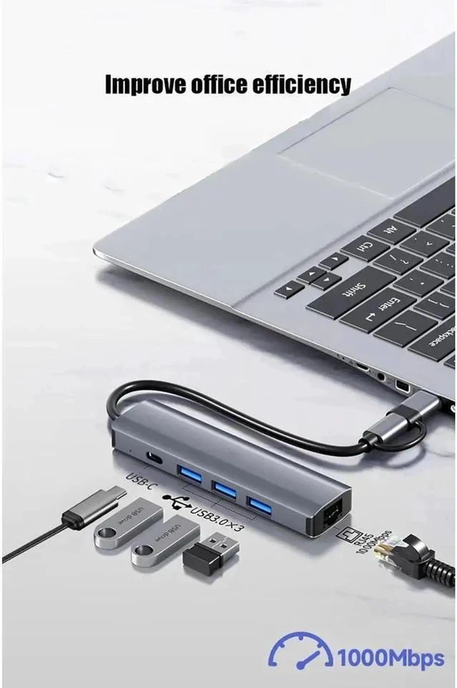 Alt view image 7 of 7 - USB & Type C Hub Multiport Adapter 5-in-1 USB Dongle for MacBook Pro Air, Gigabit Ethernet with USB-C 5Gbps Port, USB 3.0 5Gbps Port Adapter, Compatible for Windows/Mac/iPad