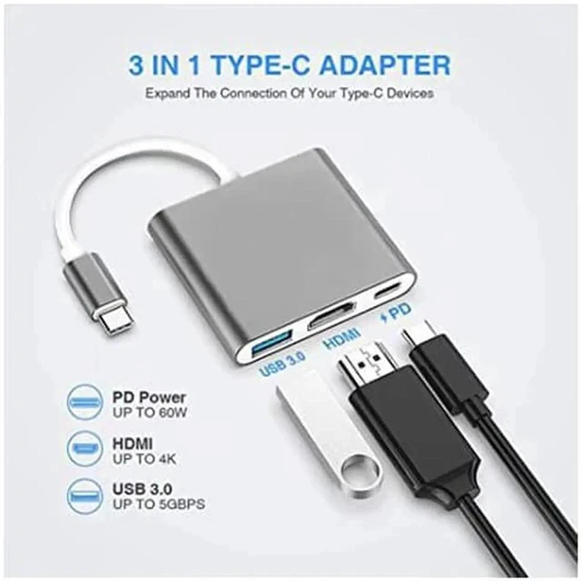 Alt view image 3 of 7 - USB C/Type C to HDMI Adapter, Thunderbolt 3 to HDMI 4K Adapter, USB-C Digital AV Multiport Adapter for Mac/ MacBook/iPad Pro/ S20/S10+/Projector with USB 3.0 Port and PD Quick Charging Port