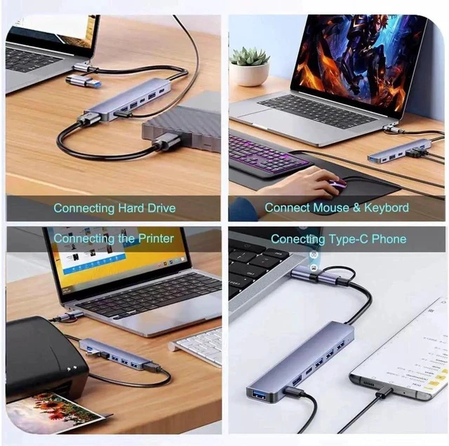 Alt view image 3 of 7 - Aluminum 7 in 1 USB C Hub with USB 3.0,7 Ports with 2* USB-C and 5* USB-A, Ultra Slim Portable USB Splitter Adapter for Laptop, PS4, Flash Drive, HDD, Xbox, Printer, Mouse, Keyboard