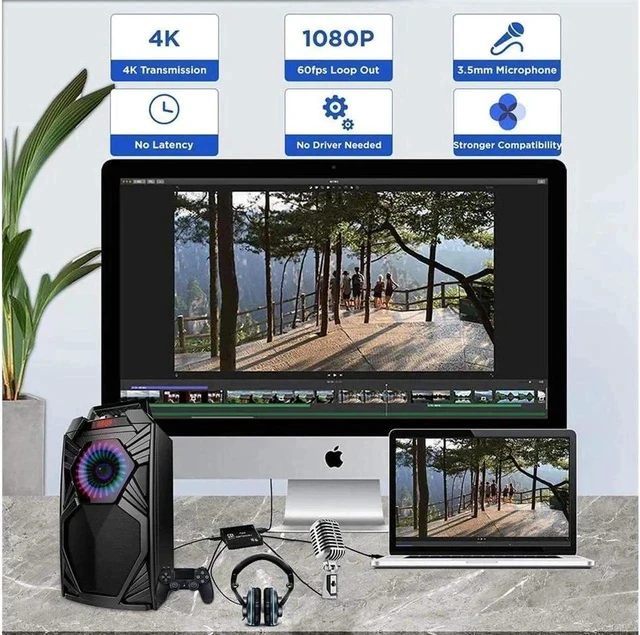 Alt view image 6 of 6 - 4K@60Hz HDMI-Compatible Video Capture Card Live Recording Box 4K HDMI to USB3.0/Type-C Video Card with Mic & 3.5mm Audio for Game Live Streaming for PS4 Computer Phones
