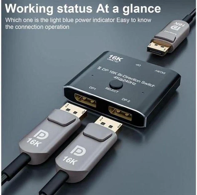 Alt view image 7 of 7 - DP DisplayPort 2.0 Bi-Direction 2x1 Switch Splitter Selector Hub Support HDCP SST Extended 16K@60hz 4K@240hz Convertor