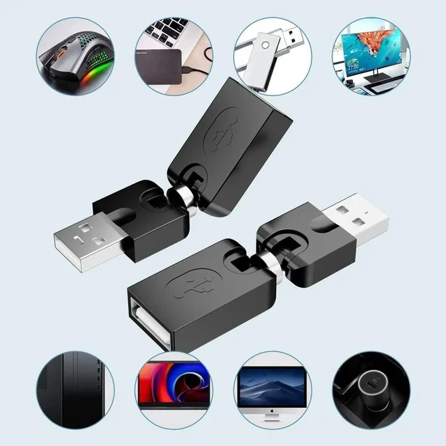 Alt view image 4 of 7 - Swivel USB 2.0 Adapter, 2 Pack Rotatable USB 2.0 Type A Male to Type A Female 360 Degree Rotation Adjustable Right Angle Extension Adapter Convertor (Black, AM-FM)