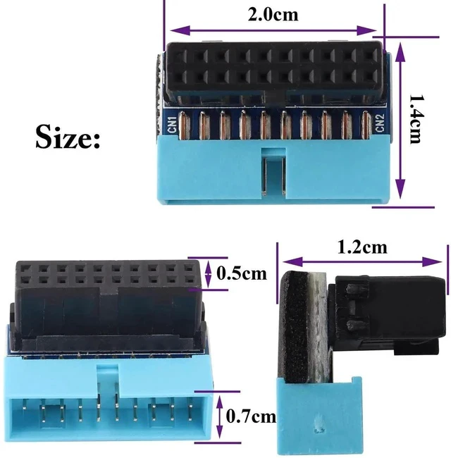 Alt view image 2 of 7 - 2 Pack Down Right Angle USB 3.0 19-pin Connector 90 Degree 19Pin/20Pin 3.0 USB Female to Male Extension Power Adapter Board for Desktop Motherboard Internal Header Adapter(Down/Blue-20Pin)