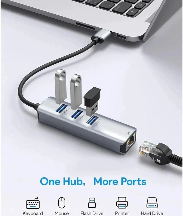 Alt view image 4 of 7 - USB to Ethernet Adapter | 4-in-1 USB-3.0 Hub to Gigabit RJ45 with 3-Port USB 3.0 Network Adapter for MacBooks/ChromeBooks/Surface laptops and USB devices etc