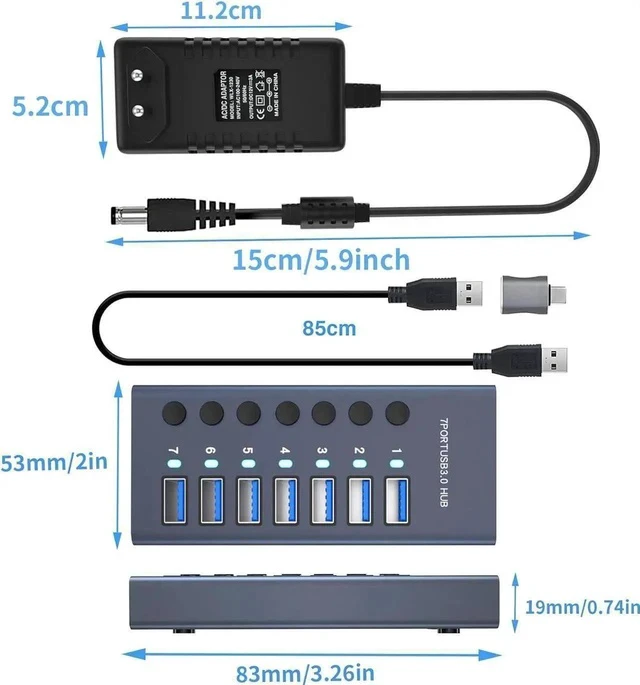 Alt view image 5 of 7 - Powered USB Hub 3.0, Aluminum 7 Port USB 3.0 Data Hub Splitter with 12V/3A 36W Power Adapter and Individual On/Off Switches for Mouse, Keyboard, Hard Drive or More USB Devices