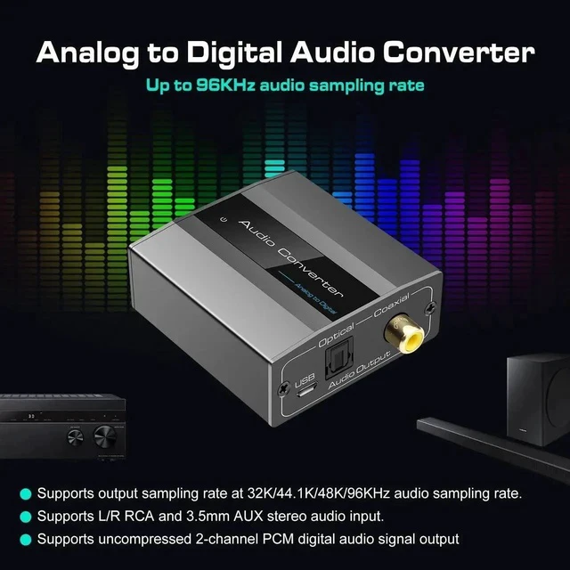 Alt view image 6 of 6 - Analog to Digital Audio Converter RCA to Optical with Cable 3.5mm AUX Jack Toslink and Coaxial Adapter for Soundbar