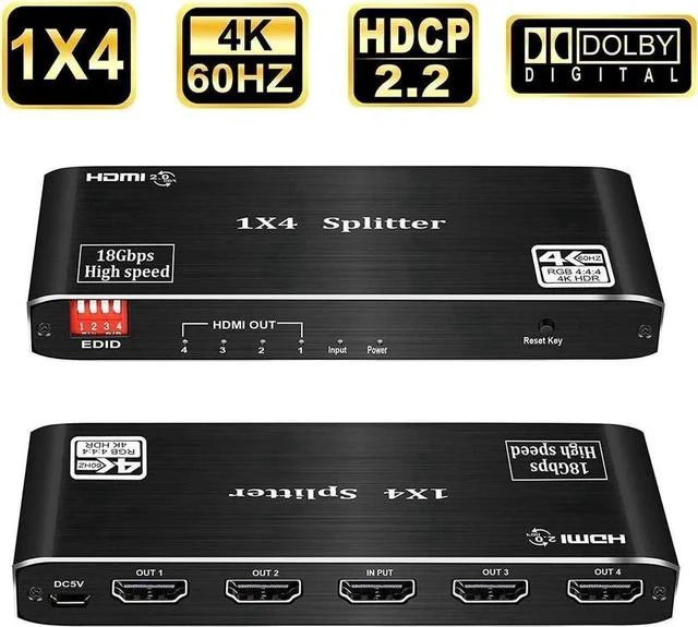 Main image of HDMI Splitter 1 in 4 Out, HDMI Distribution Amplifier 3D 4K@60HZ UHD 1080P Splitter 1x4 HDMI Four Screen Duplicator Supports HDCP2.2