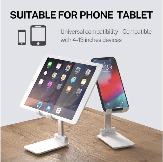 Alt view image 4 of 7 - Upgraded Desktop Cell Phone Holder, Adjustable Desktop Cell Phone Stand Cradle Dock Compatible Tablet Stand Foldable Phone Stand Dock for Desk For 4-12.9in Phone iPad,Tablet Kindle White
