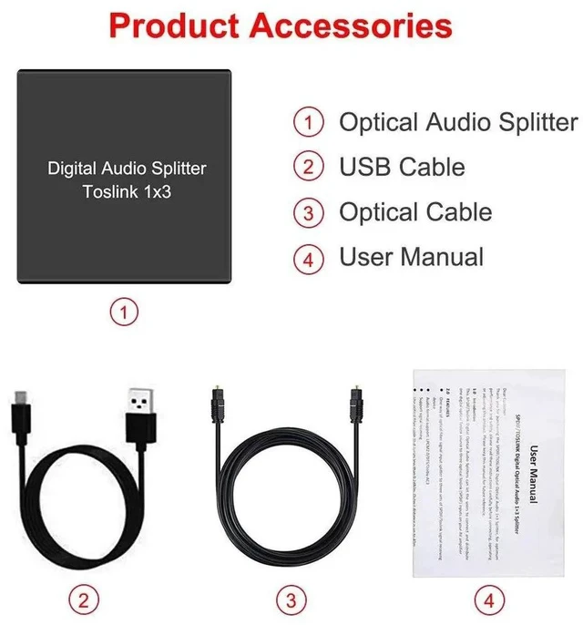 Alt view image 7 of 7 - 3 Port Toslink Splitter with Optical Cable (1 in 3 Out) Premium Quality Digital Optical Audio Splitter Aluminum Alloy SPDIF Toslink Fiber Audio Splitter Support Dolby Digital DTS 5.1 PCM Stereo LPCM