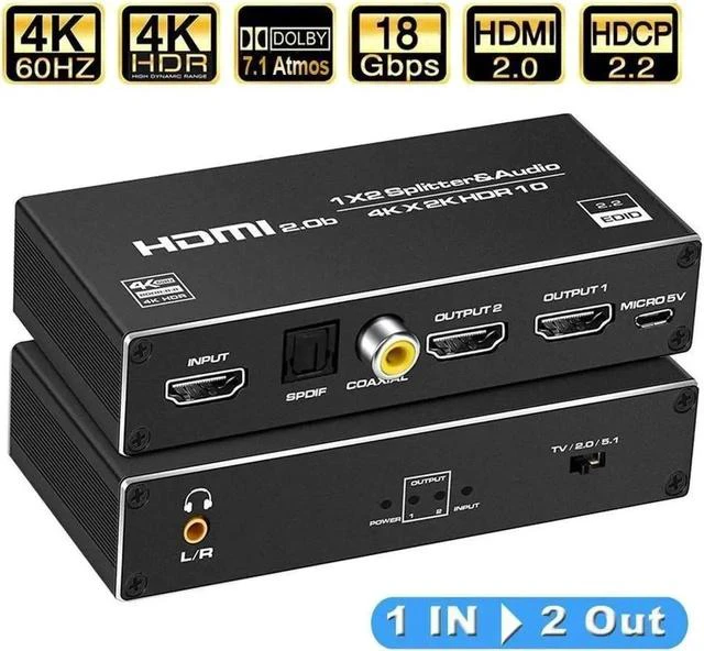Main image of HDMI Splitter 1 in 2 Out, HDMI Splitter 1x2 Power 4K HDMI Splitter with 3.5mm, Coaxial & SPDIF audio out, 4K@60Hz Dual Monitors Duplicate/Mirror for PS4 Fire Stick HDTV