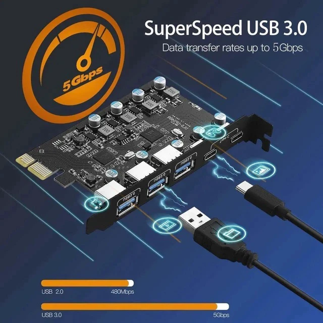 Alt view image 2 of 7 - 5-Ports PCI-E to USB 3.0 Expansion Card, 5Gbps High Speed USB3.0 PCI-EX1 X4 X8 X16 Adapter, Internal USB3.0 Hub Converter for Desktop PC, (2X USB C - 3X USB A)