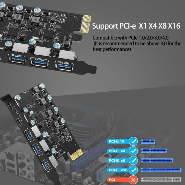 Alt view image 5 of 7 - 5-Ports PCI-E to USB 3.0 Expansion Card, 5Gbps High Speed USB3.0 PCI-EX1 X4 X8 X16 Adapter, Internal USB3.0 Hub Converter for Desktop PC, (2X USB C - 3X USB A)