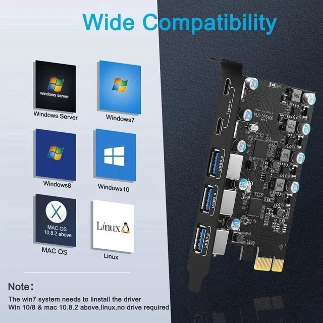 Alt view image 7 of 7 - 5-Ports PCI-E to USB 3.0 Expansion Card, 5Gbps High Speed USB3.0 PCI-EX1 X4 X8 X16 Adapter, Internal USB3.0 Hub Converter for Desktop PC, (2X USB C - 3X USB A)