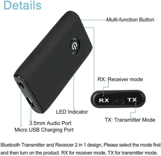 Alt view image 7 of 7 - Bluetooth 5.0 Transmitter Receiver 2 IN 1 Wireless Audio 3.5mm Jack Aux Adapter