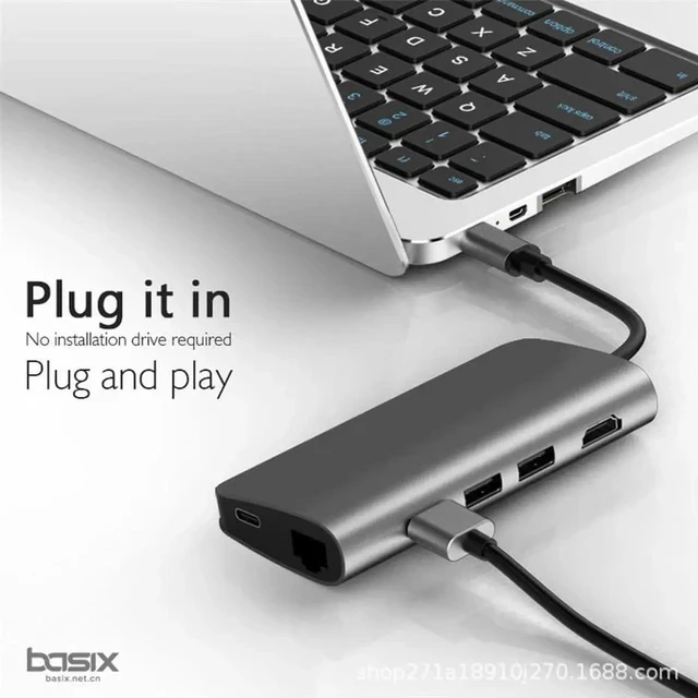 Alt view image 7 of 7 - Basix 8 in1 USB Type C 3.1 HUB forType-C to USB 3.0 / 4K HDMI / RJ45 Ethernet / SD TF Card reader USB Type-C OTG For New Macbook