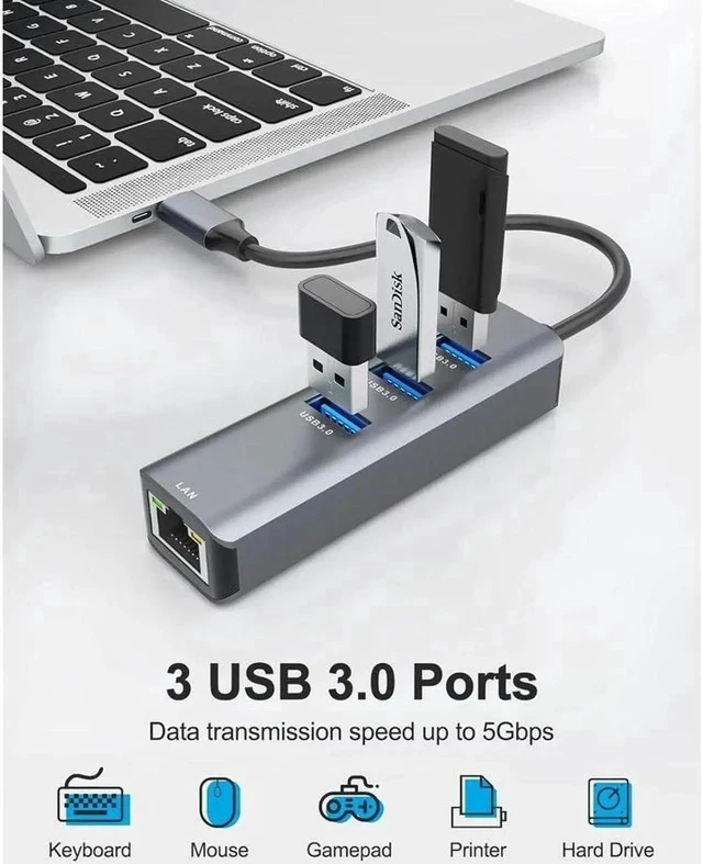 Alt view image 2 of 7 - USB C to Ethernet Adapter, Aluminum USB-C Hub with 4 USB 3.0 Ports, Thunderbolt 3/USB-C to RJ45 Gigabit Ethernet LAN Network Adapter Multiport for MacBook Pro/Air, USB-C Laptop and PC