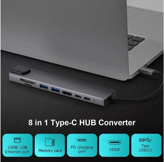 Alt view image 3 of 7 - Update Version USB C Hub, 8-in-1 Type c hub Adapter with RJ45 Ethernet Port, 4K USB C to HDMI, 2USB 3.0 Ports, Type-C Port, USB C PD Charging Port, SD/TF Card Reader for MacBook Pro
