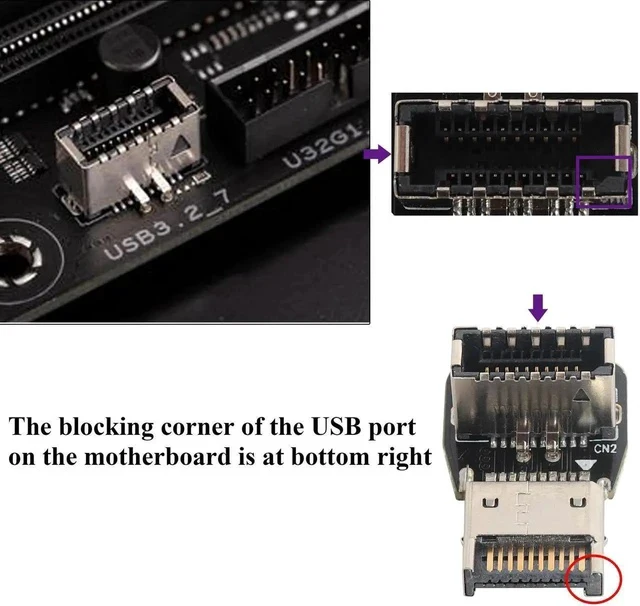 Alt view image 2 of 7 - 1Pack 90 Degree USB 3.2 Front Panel Internal Connector Down-Right Angle Type-E USB 3.1 Female to Male Front Panel Socket Adapter for Type-E Motherboard Extension Data Adapter(Type-E/Down)