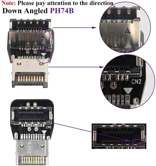 Alt view image 4 of 7 - 1Pack 90 Degree USB 3.2 Front Panel Internal Connector Down-Right Angle Type-E USB 3.1 Female to Male Front Panel Socket Adapter for Type-E Motherboard Extension Data Adapter(Type-E/Down)