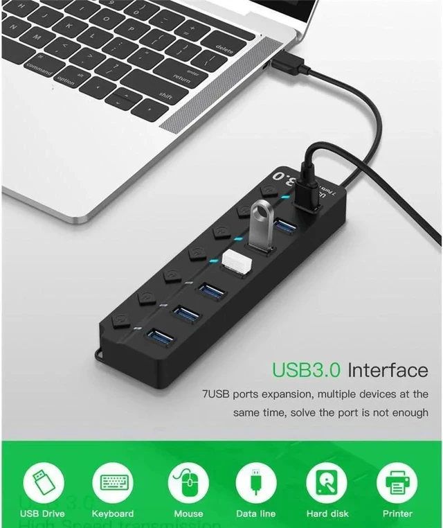 Alt view image 3 of 7 - Powered USB Hub, 7 Port USB 3.0 Data Hub Splitter with 5V DC Power Adapter and Independent On/Off Switch USB Port Hub Expander for MacBook Laptop PC and More(Black)