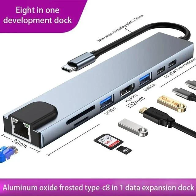 Main image of USB C Docking Station, 8-in-1 USB C Hub Adapter Dock with 4K USB C to 4k HDMI, RJ45 Port,USB-C PD Charging Port,Type-C Data Port, USB3.0/2.0, SD/TF Card Reader for MacBook/Pro, Chromebook