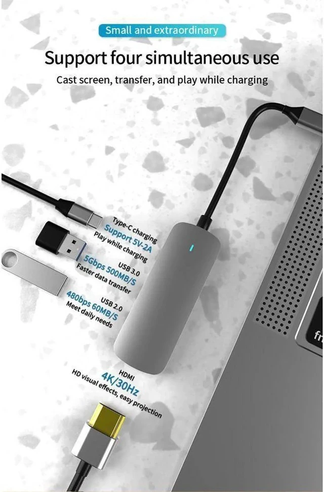 Alt view image 2 of 7 - USB C Hub, 4-in-1 USB-C Adapter for MacBook Pro/Air Multiport Dock for USB Type C Laptops - USB-C Dongle with USB 3.0/2.0 Ports 60W Power Delivery, 4K HDMI