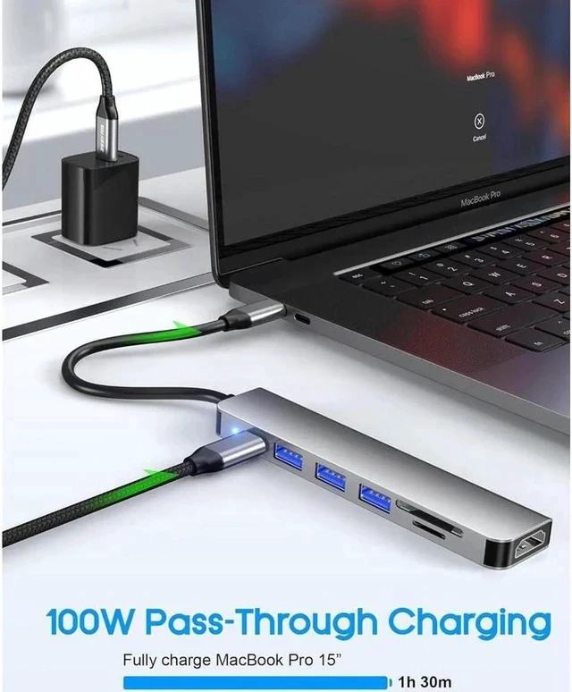 Alt view image 7 of 7 - USB C Hub, 7 in 1 USB C to HDMI Splitter, 5Gbps USB3.0 Data Port, 2*USB-A, 4K HDMI Port, PD 100W Charging, SD/TF Card Reader, for iPad Pro MacBook Pro Laptops and More