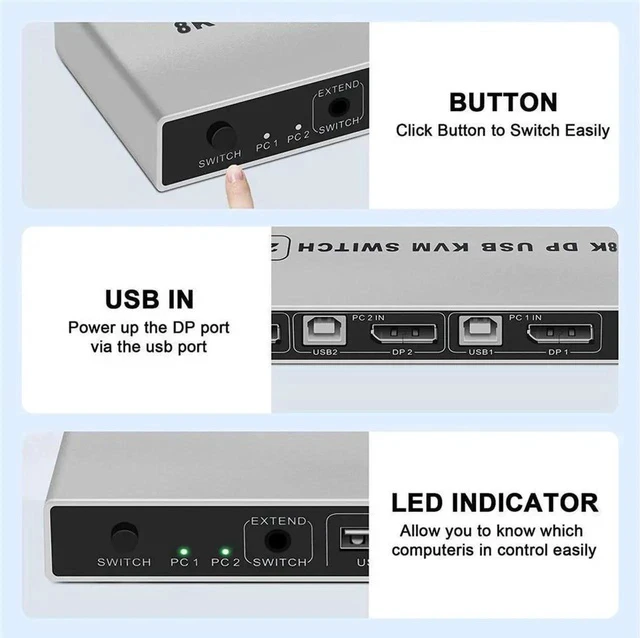 Alt view image 2 of 7 - 8K DisplayPort KVM Switch 2 Port USB and DP Switch for 2 Computers Share Keyboard Mouse Printer Monitor for Laptop,PC,Xbox HDTV
