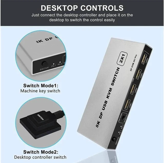 Alt view image 3 of 7 - 8K DisplayPort KVM Switch 2 Port USB and DP Switch for 2 Computers Share Keyboard Mouse Printer Monitor for Laptop,PC,Xbox HDTV