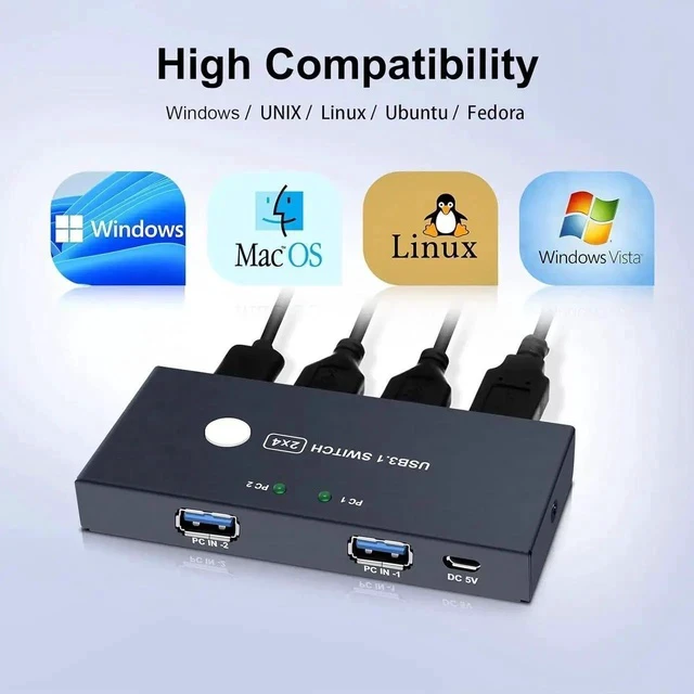 Alt view image 3 of 7 - USB3.0 Switcher,USB Switch 2 Computers Share 4 USB3.0 Devices 2 in 4 Out USB Kvm Switch Selector for Mouse Keyboard Printer