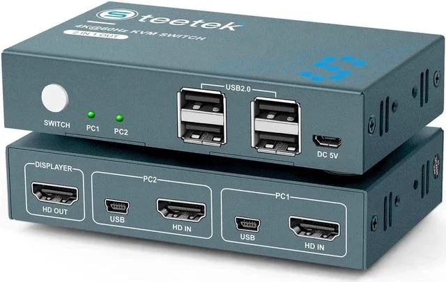 Main image of USB 2.0 KVM Switch 2 Port Box, UHD 4K@60Hz, USB HDMI KVM Switch for 2 Computers Share Keyboard Mouse Printer and 1 HD Monitor, 4 USB 2.0 Hub, Button Switch, with 2 USB and 1 HDMI Cables